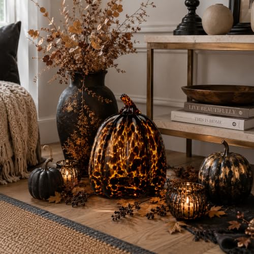 Large Tortoiseshell Glass Pumpkin Halloween Decor - Fall Thanksgiving Accent