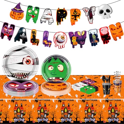 Halloween Party Supplies Set - Monster, Pumpkin & Vampire Theme - Disposable Tableware & Decorations