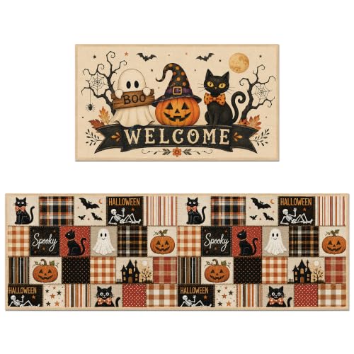 Halloween Patchwork Kitchen Rugs Set - Cat Ghost Pumpkin Floor Mats, 2 Pieces - Halloween Decor