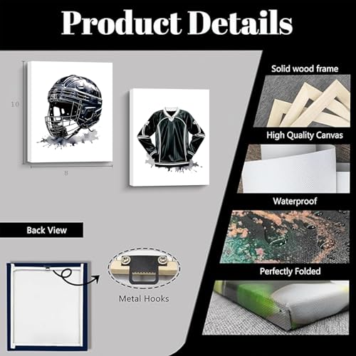 8x10 Inch Hockey Wall Art Set of 4 Framed Canvas Prints - Black & White Sports Decor