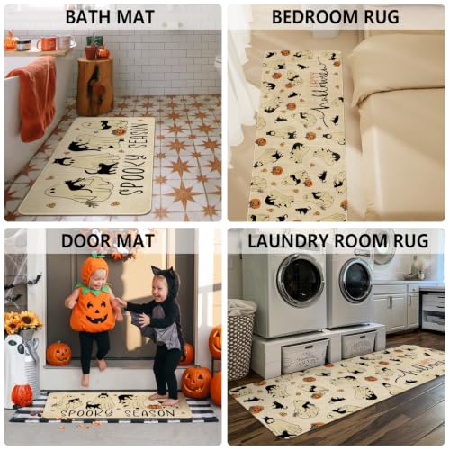 Ghost Black Cat Halloween Kitchen Rugs Set of 2 - Spooky Non-Slip Washable Mat