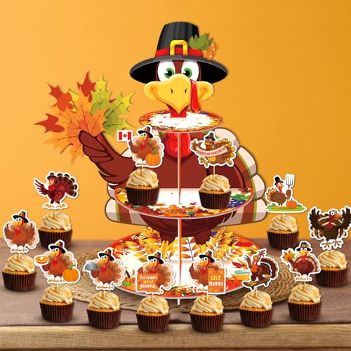 Thanksgiving Cupcake Stand with 12 Toppers & 3-Tier Turkey Decorations