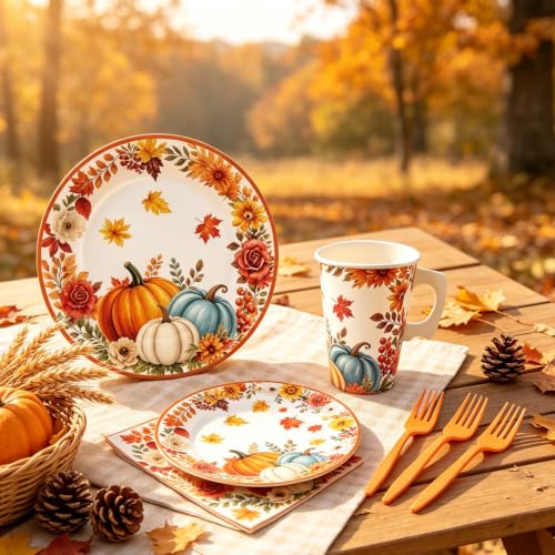 Fall Autumn Disposable Dinnerware Set for 24 Guests - Plates, Napkins & Utensils