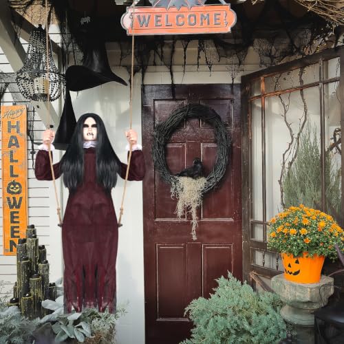 Halloween Hanging Swinging Ghost Decoration - Creepy Girl Prop, Outdoor & Indoor, Red Variation