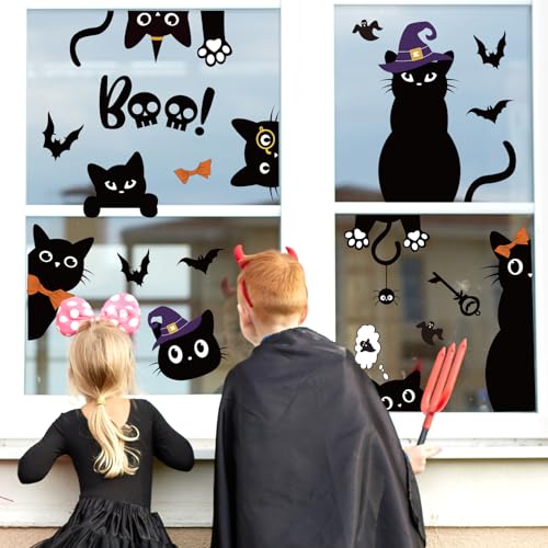 Halloween Black Cat Window Clings - Double-Sided Boo Decal Set for Glass & Mirrors, 4 Sheets