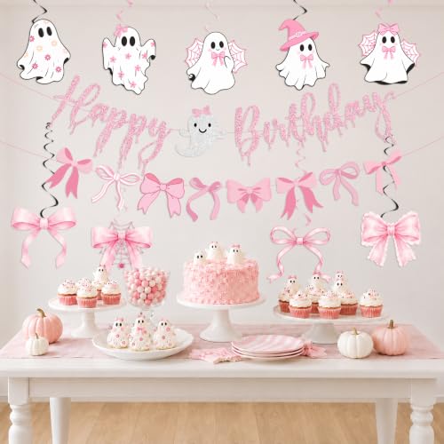 Pink Halloween Party Decorations Set with Banner and Ghost Hanging Swirls