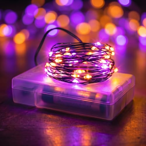 Halloween Fairy Lights with Timer - Battery-operated Mini LED String Lights, Orange & Purple, 6.65Ft, 1 Pack