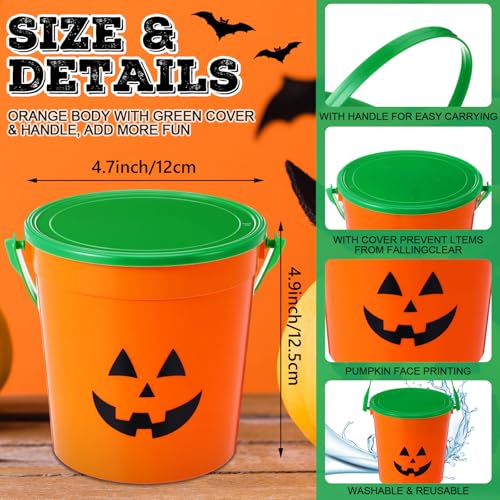 Halloween Pumpkin Trick or Treat Buckets Set - 24 Portable Plastic Jack-O-Lantern Totes