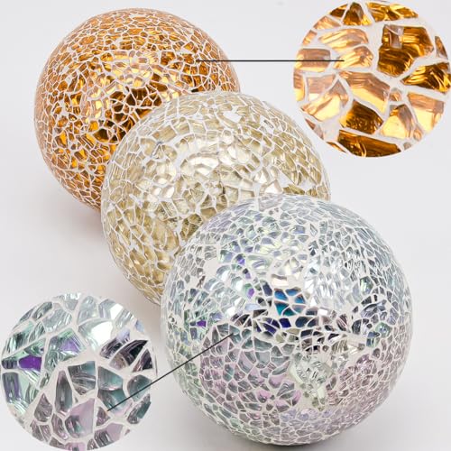 Decorative Mosaic Glass Balls Set - 3 Pcs 3.35 Inch Gold Silver Mix Colors