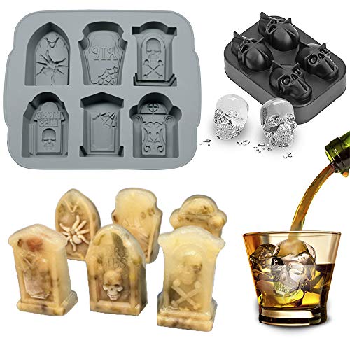 Halloween Skull & Tombstone Ice Cube Trays - 3D Silicone Mold for Whiskey & Cocktails