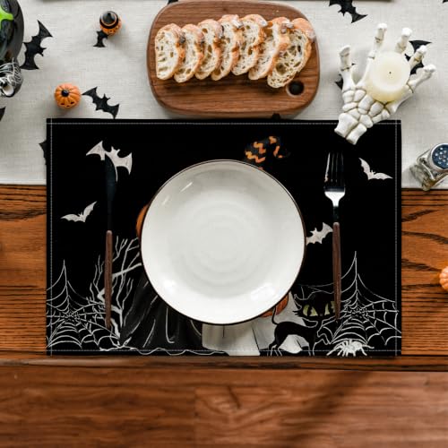 Halloween Bat Placemats Set of 4 - Black Ghost Bat 12x18 Inch Rectangular Decor