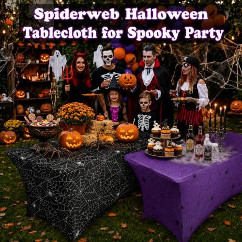 Halloween Spiderweb Tablecloth Set - 6ft Spandex Cover for Tables, 2 Pieces - Black & Purple, Variation of THIS listing