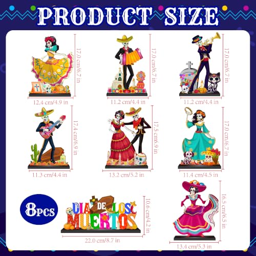 8Pcs Dia De Los Muertos Wooden Table Sign Decorations for Day of the Dead