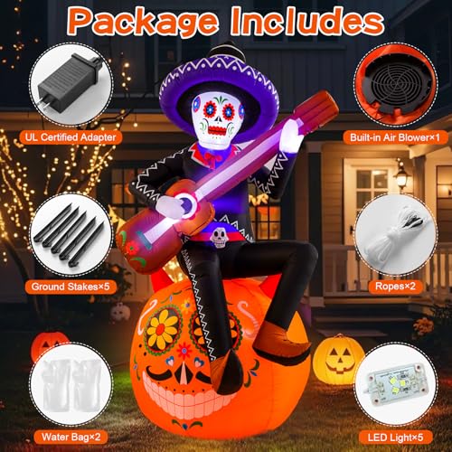 8 Ft Halloween Inflatable Skeleton Pumpkin Guitar with LED Lights for Outdoor Lawn Decor