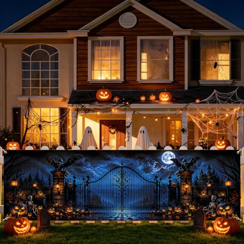 Halloween Fence Banner Large Waterproof Outdoor Decor with Gothic Gate & Haunted Castle - Variation 277-1