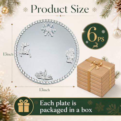 Silver Mirrored Glass Charger Plates 13 Inch - Christmas Style Rim - Set of 6