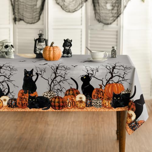Halloween Tablecloth 60x84 Inch Rectangular Buffalo Plaid Moon - Black and Orange