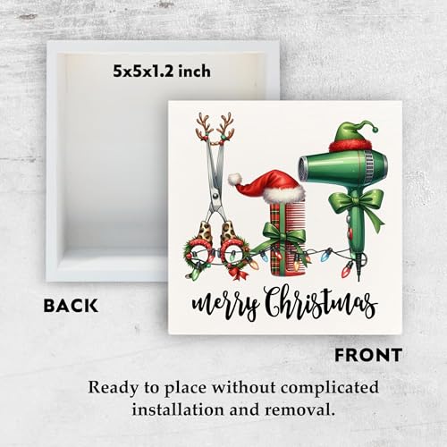 Christmas Salon Hair Wooden Sign - Barber Shop Decor, Gift, 5x5 Inch - Holiday Home Office Shelf Decoration