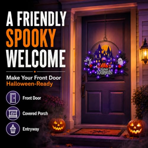 Pumpkin Ghost Halloween Wreath Decorations for Front Door - Fall Spooky Welcome Sign, Indoor/Outdoor