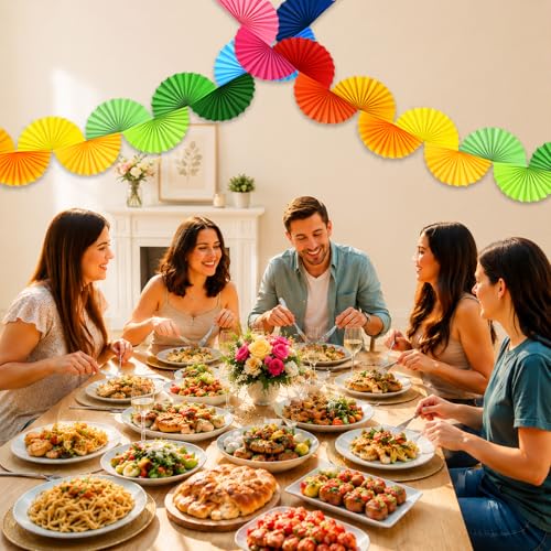 Rainbow Paper Fan Garland 15.6ft - 3 Pack Ceiling Decor, Party & Event Backdrop