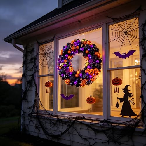 17 Inch Halloween Wreath with Lights - Spooky Front Door Decor - Trick-or-Treat Season