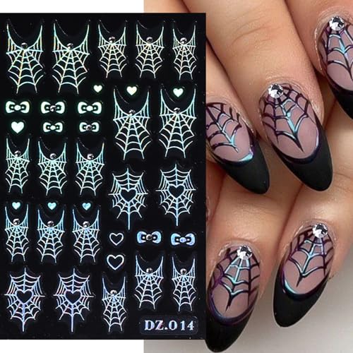 Halloween Nail Stickers 3D Self-Adhesive Nail Decals Love Spider Web - Gold Black White Rainbow, 5 Sheets