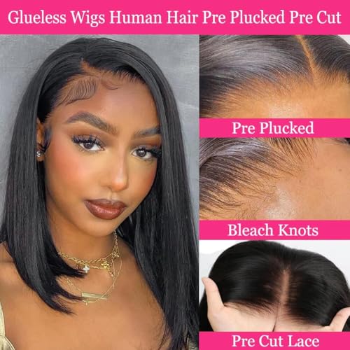 Caijuxing Bob Wig Human Hair 4x4 Straight Hd Lace Front Wigs with Baby Hair 180% Density Glueless Wigs Human Hair Pre Plucked Short Bob Wigs for Women (12 Inch)