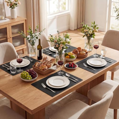 Black Faux Leather Placemats Set of 4 - 12 x 18 Inches Rectangular, Reversible & Waterproof