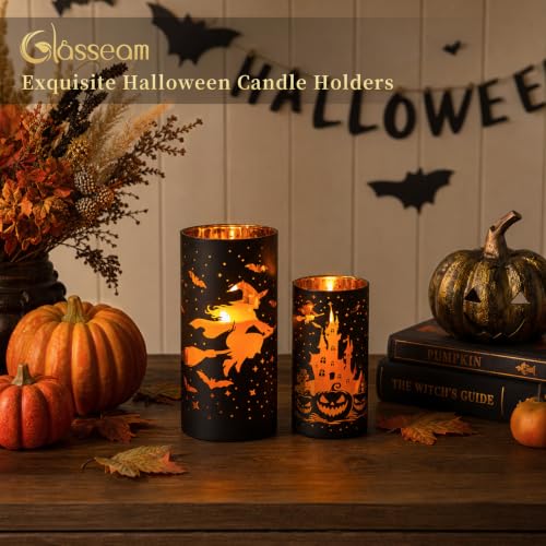 Halloween Candle Holders Set - Black Gold Glitter Pillar Decor, 2 Pcs