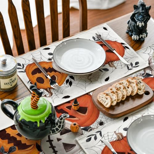 Halloween Pumpkin & Spider Web Placemats Set of 4 - 12x18 Inch Fall Table Decor - Beige