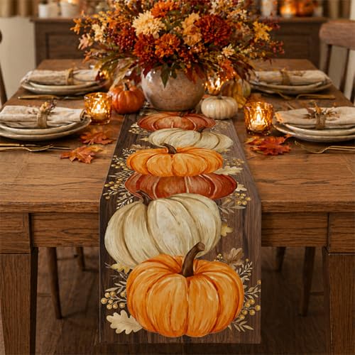Pumpkins Golden Maple Leaves Fall Table Runner 13x120 Inch Autumn Thanksgiving Decor