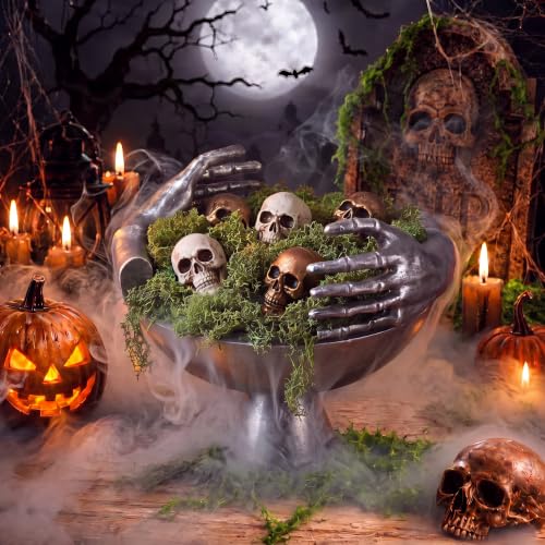Halloween Skeleton Candy Bowl Resin with Artificial Moss - Gothic Skeleton Hand Design