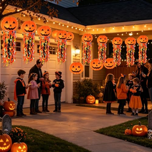 Orange Halloween Pumpkin Hanging Paper Lanterns Set - 12 Pieces Party Decor
