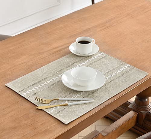 Hemstitched Cotton Linen Place Mats Set of 8 - Coffee Embroidered, Boho Table Decor