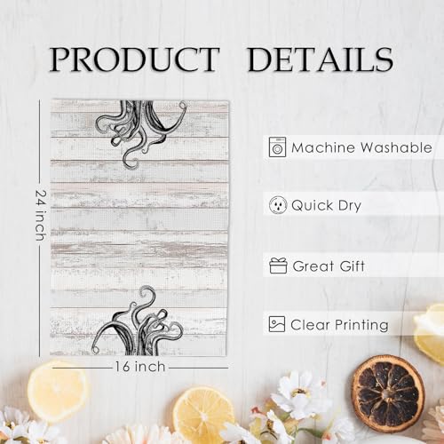 Black Octopus Kitchen Towels & Dishcloths Set of 2 Nautical Beach Decor