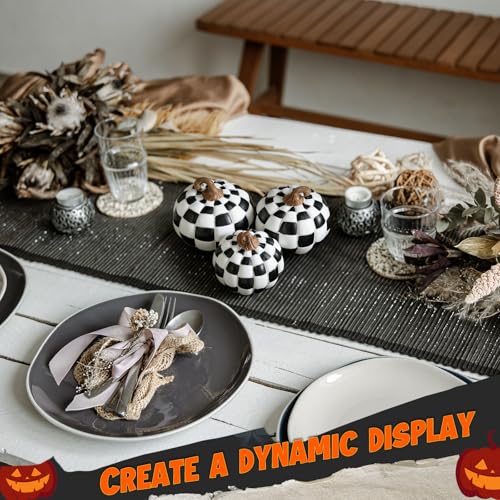 Black and White Checkered Fall Pumpkin Decor Set - Resin Halloween & Thanksgiving Table Ornaments - 3 Sizes