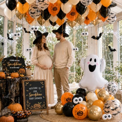 Halloween Balloon Set - Black, Orange, Sand, Gold with Ghost & Bat Prints - 36 Pack