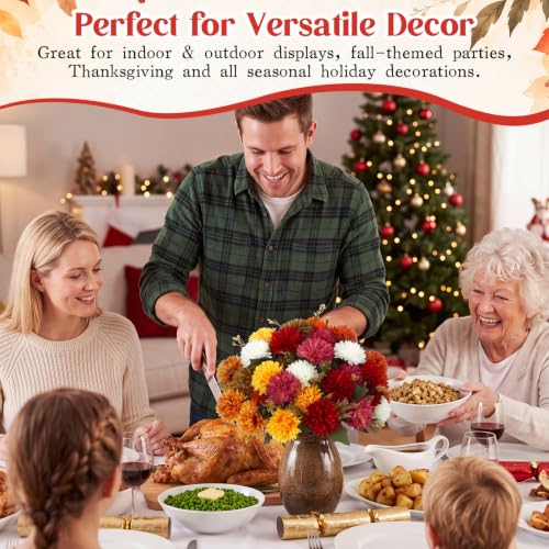 Artificial Fall Flower Bouquet Set - Multicolor Pompom Chrysanthemums, 24 Bunches with Bendable Stems
