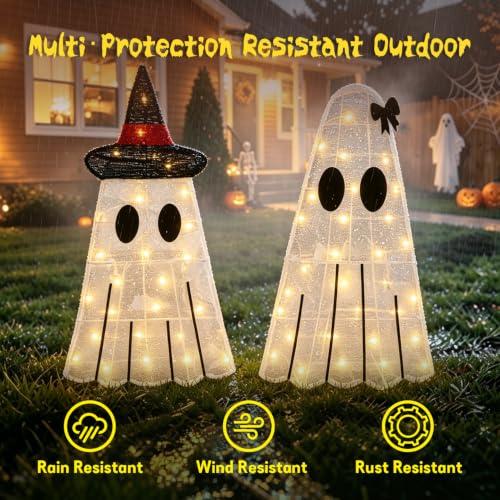 Halloween Ghost Decor Light-up Outdoor Ghost with Black Hat - 2 Pack