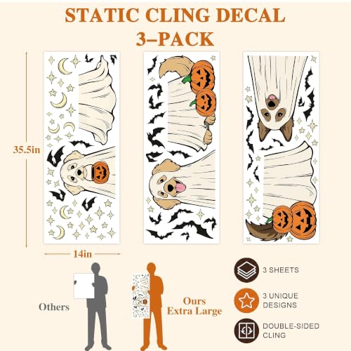 Halloween Window Clings 3pcs Dog Ghost Design Static Decals for Glass Doors & Windows - White, Yellow, Brown
