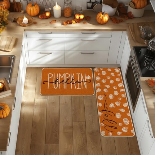 Pumpkin Fall Kitchen Mats Set of 2 - 17x29 & 17x47 Inches, Orange