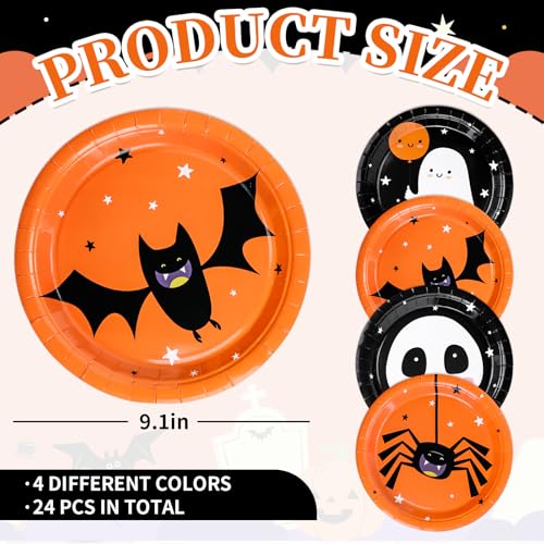 Halloween Paper Plates 9 Inch Pack of 24 - Spooky Bat Ghost Skull Design for Parties
