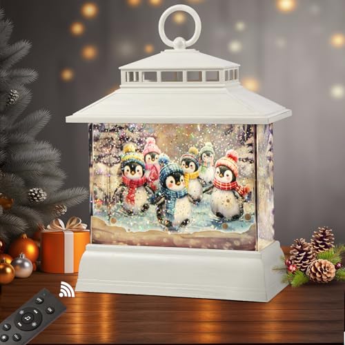 Christmas Snow Globe Lantern with Penguins - Water Glitter & Music, 8 Songs, 6H Timer, Remote & USB Power