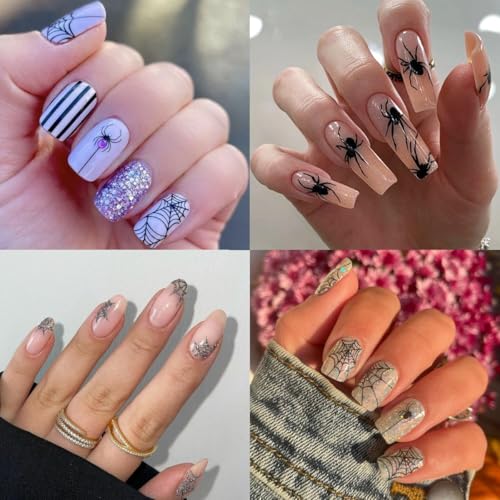Multicolor Glitter Halloween Nail Stickers Spider Web Rhinestones 8 Sheets - Nail Art Decoration