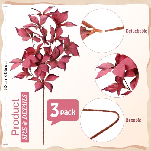 Artificial Autumn Eucalyptus Leaves Stem - Fall Decor, 33 Inches, Dark Red (Set of 3)