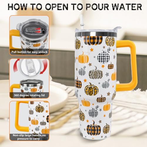 40 oz Pumpkin Travel Mug with Handle & Straw - Fall Thanksgiving Insulated Tumbler - Orange Pumpkin