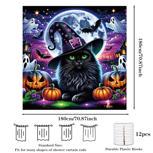 Halloween Shower Curtain with Spooky Castle and Black Cats - Waterproof Polyester