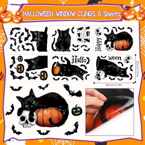 Halloween Window Clings - Black Cat Pumpkin Bat 6 Sheets Indoor Outdoor Decor - Variation: Black