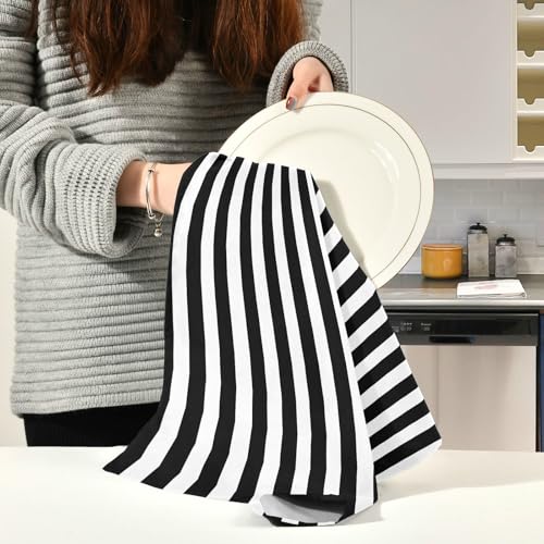 Stripe Kitchen Towels 4 Pack - White & Black Dishcloths, 18x28 Inches, Absorbent & Quick Dry