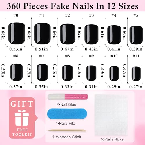 Black Short Square Press-On Nails Kit with Glue & Nail Tips - Reusable Fake Nails